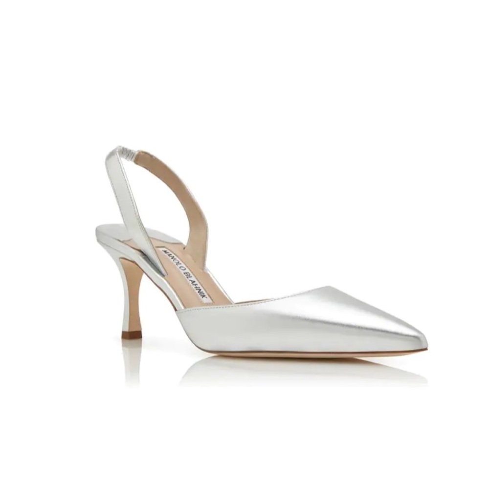 Manolo Blahnik Carolyne 70 Silver Slingback Heels